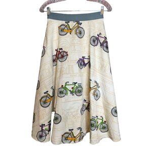 Gracia Bicycle Print A-Line Midi Skirt Size Small Beige Pockets
